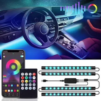 4 v 1 LED Auto, Interiér Dekorácie Svetelné Pásy Bluetooth APLIKÁCIE Ovládanie RGB Auto Atmosféru Okolia Lampa Svetlo USB Nabíjanie Nepremokavé