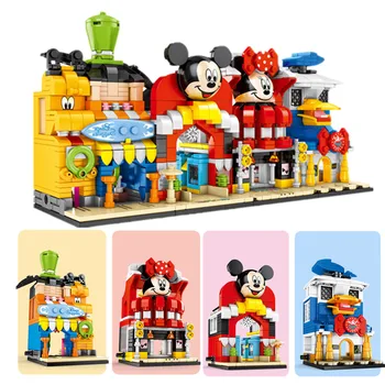 876PCS Disney Streetview Princezná Dievčatá Mickey Mouse Goofy Obchod Obchod Hrad Mesto Donald Duck stavebným Tehly Hračky, Darčeky