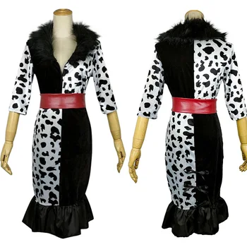 Anime Film 101 Dalmatians Cruella De Víl Cosplay Kostým, Šaty Čierne A Biele Oblečenie Halloween Karneval Party Oblek Pre Ženy