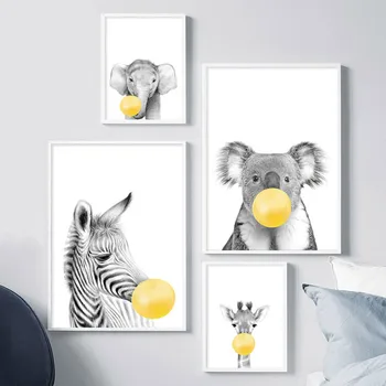 Baby Škôlky Žlté Balóny Zvierat Wall Art Plagát, Tlač Zebra Koala Slon pre Deti Miestnosti Dekorácie Žirafa Maliarske Plátno