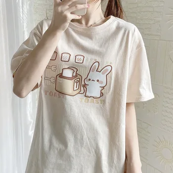 Bavlna Krátky Rukáv T Shirt pre Ženy Roztomilý Zajačik a Chlieb Plátky Grafické Tees Kawaii Letné Topy Voľné Streetwear Žena