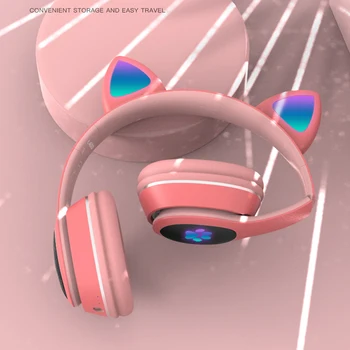 Bluetooth Headsety, Slúchadlá V5.0 Blikajúce Bezdrôtové Slúchadlá Skladacie Hry Stereo Deti Dievča Slúchadlá s Mikrofónom Cute Cat Ucho