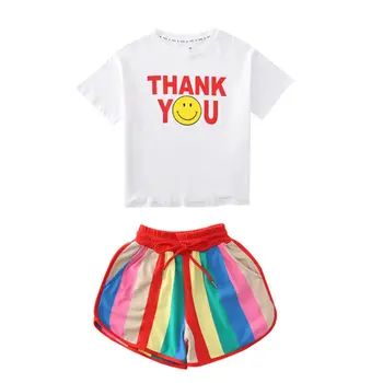 Detské Oblečenie Dievčatá v Lete v Pohode Tenký List Vytlačiť T-Shirt A Rainbow Pruhované Šortky, Kostýmy Teenage Bavlna Obleky 4-13Yrs
