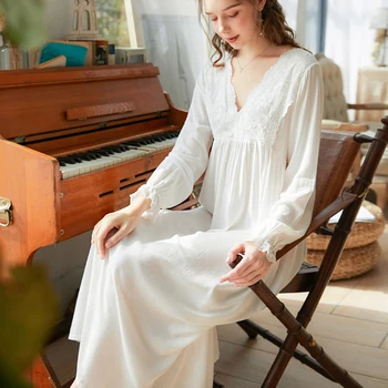 Dlhé Rukávy Nightdress Ženy Salónik Vintage Princezná Čipky tvaru Bavlna Biela Dlho Nightgown jednofarebné oblečenie pre voľný čas Spánku Šaty