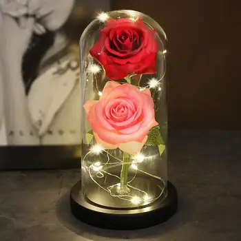 Enchanted Navždy Ruže Kvet V Skle LED Svetlo, Dve Ruže Valentína, Deň matiek, Dekorácie, Priateľka, Matka Darček