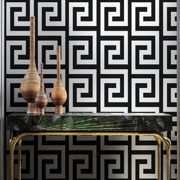 Geometrické Stenu Papiere Čierna Sivá Luxusný Saténový Efekt Veľké Grécke Tlačidlo Tapety Obývacia Izba Pozadí Dekor