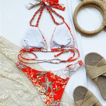 Gxcmhbwj Vytlačené Reťazca Visí Krku Motýlik Pre Ženy Letné Plážové Oblečenie Sexy Žena S Nízkym Pásom Bikini Set Brazília Plavky Podprsenka