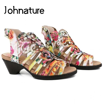 Johnature 2021 Nové Letné Ženy Sandále, Topánky Pravej Kože Háku & Slučky Zmiešané Farby Retro Ručne Stručne Dámy Sandále