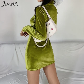 JusaHy Základné Zelená Flanelové Skladaný Bodycon Šaty pre Ženy Elegantné Idylic Bežné Dlhý Rukáv Velvet Mini Šaty Žena 2021 Nové