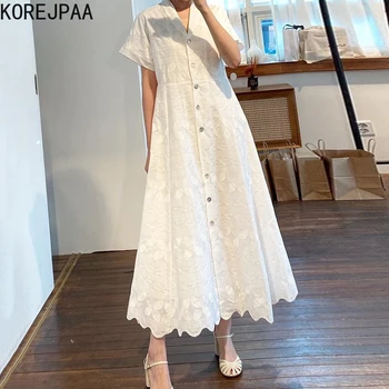 Korejpaa Ženy Šaty 2021 Lete Kórejský Elegantné Francúzske Retro Klope Single-Breasted Duté Háčkovanie Lístkového Rukáv Veľká Swing Vestidos