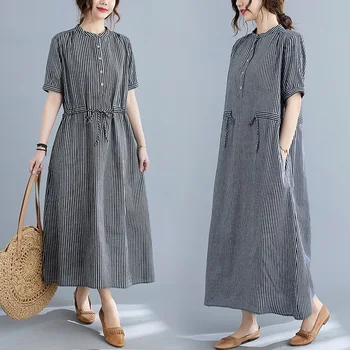 Krátky rukáv bavlna vintage prúžok šaty pre ženy príležitostné voľné dlho žena letné šaty elegantné oblečenie 2021