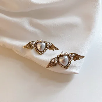 Kórejský Módne vintage Srdce Anjel Krídla Pearl Náušnice kvapka pre Ženy Retro Elegantné visieť Náušnice Estetické vyhlásenie Šperky