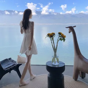 Letné dámske Letné Sundresses Sexy Backless Biele Pláže Šaty 2021 Krídla Dovolenku Šifón Šaty Popruh