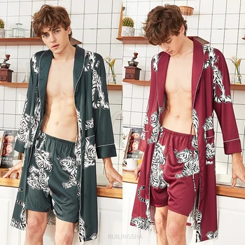 Leto Jar Hodváb Pajama Sady Plus Veľkosť Sexy Kimono Pijamas Top Tlač Dva Kusy Muž Dlhý Rukáv, krátke nohavice sleepwears