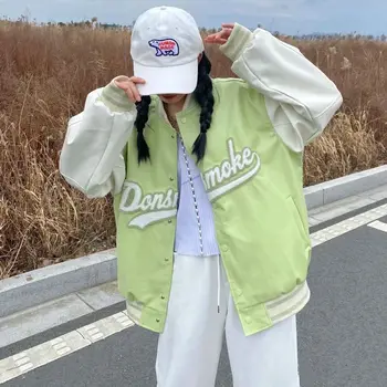 List Zelená Baseball Jacket Žien na Jar a na Jeseň Nové Voľné kórejský Americký Streetwear Top Žien Nadrozmerné Bunda