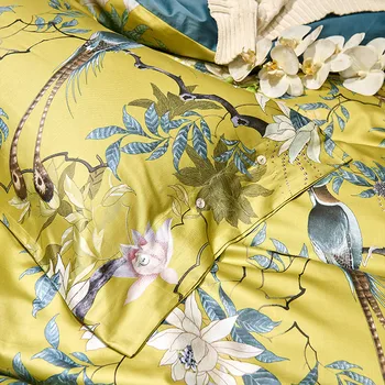 Luxusné 100S Satin Egyptskej Bavlny Vtákov, rastlín, Kvetov, Digitálna Tlač posteľná bielizeň Nastaviť Perinu Posteľná Bielizeň Vybavené List obliečky na Vankúše