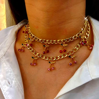 Luxusné Červené Cherry Crystal Prívesok žien Náhrdelník Svieti Drahokamu Tenis Reťazec Choker Náhrdelníky visí ružové Party Šperky