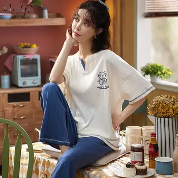 M,L,XL,2XL,3XL,4XLSummer pyžamo dámske česanej bavlny-krátke rukávy nohavice kórejský bežné plus veľkosť home service
