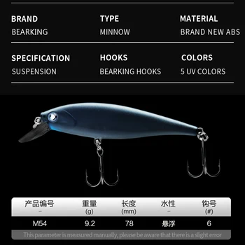 Maloobchod rybárske náčinie nový model,Bearking perfektné akčné minnow,78 mm/9.2 g, ponoriť sa 0.8-1.2 m pozastavenie návnady , 5 farby na výber
