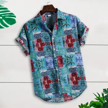 Muži Krátky Rukáv Klope Vytlačené Tričko Tropické Leaf Kvetinový Vzor Tričko Príležitostné Letné Hawaiian Dovolenka Camisa TopsM-3XL