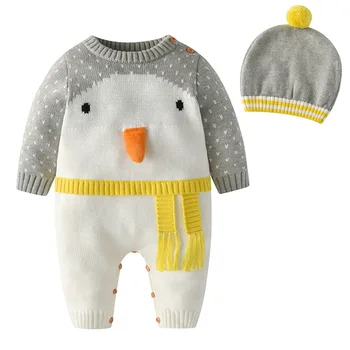 Novonarodené dieťa, batoľa dievča zimné oblečenie roztomilý tučniak pletený sveter bavlna sveter dieťa, chlapec, dievča romper