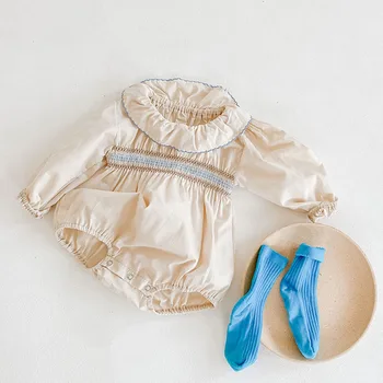 Novorodenca Dievčatá Kombinézach Oblečenie 2020 Jeseň Dieťa Lotus Leaf Golier Remienky + Pletené Klobúk Dlhý Rukáv Deti Remienky