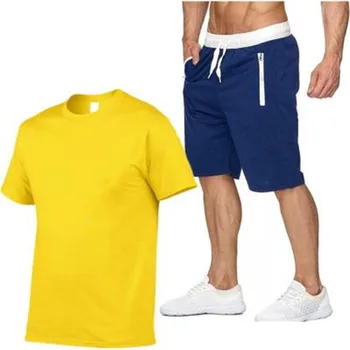 Nové pánske letné značky vyhovovali priedušná pohodlné bežné nosenie fitness športové krátke rukávy T-shirt + šortky 2-dielna sada S-XXL