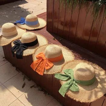Nový Veľký Široký Okraj Raffia Slamený Klobúk Žena Letné Módne Farby Stuhou Luku Kapoty Enfant Ženy Holiday Beach Sun Hat Vysokej Kvality