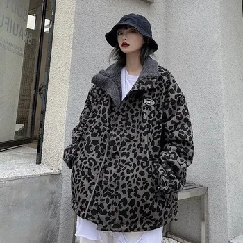 Obe Strany Nosenie Bunda Imitácia Baránok Cashmere Leopard Tlač Vetrovka Ženy Zimné Harajuku Streetwear Voľné Retro Trendy Vrchné Oblečenie