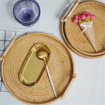 Ratanový zásobník ručne tkané chlieb kôš binaural raňajky ovocie kolo zásobník jednoduchý štýl skladovanie domácej ploche retro dekorácie