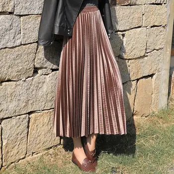 Skladaný Dlhé Sukne Ženy Jeseň Zima 2021 Kórejský Velvet Vysoký Pás Príležitostné Voľné Office Lady Oblečenie Dna Plus Veľkosť Midi Sukne