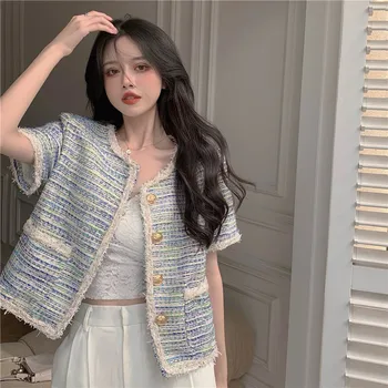 Tweed Lete Krátky Rukáv Ženy Kabát 2021 Nové Elegantné Príčinné Cardigan Bunda Kórejský Singel Svojim Outwear