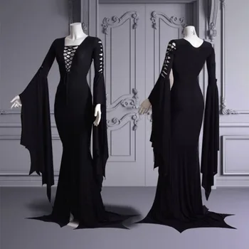 Veľká Veľkosť 5XL Morticia Addams Cos Poschodí Šaty, Kostým pre Dospelých Žien Punk Gotický Čarodejnice Vintage Sexy Duté Čipky Slim Šaty Šaty