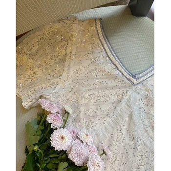 Vintage Flitrami Šaty Žien Elegantnej Čipky Šifón Kórejskej Strany Šaty Lístkového Rukáv V Krku Midi Šaty, Letné Šaty Pre Ženy 2021