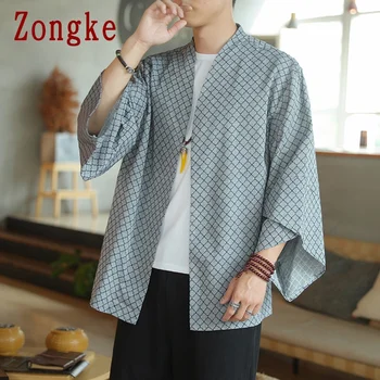Zongke Argyle Koberčeky Kimono Mužov Oblečenie 5XL Harajuku Kimono Cardigan kórejský Módne Mužov Košele 2021 Letné novinky