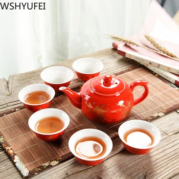 Čínske tradičné svadobné keramické čaj nastaviť Retro červená dvojité šťastie kanvica šálku čaju Newlywed darček Svadobné dodávky WSHYUFEI