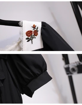 Ženy Plus Veľkosť Vintagae 90. ROKOV Čipky Čierne Šaty Elegantné Námestie golier Rose Výšivky Riadok Party Šaty 2021 Letné Oblečenie