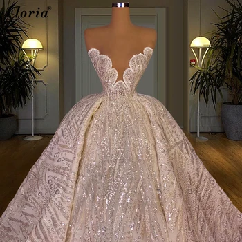 2 Štýly Lesk Svadobné Šaty A-Line Dlhé Rukávy Princezná Svadobné Šaty Luxusné Romantické Svadobné Šaty Vestido De Noiva