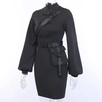 2020 Nový Gotický Punk Black Pracky Mini Bodycon Šaty Retro Svietidla dlhý rukáv Ženy Šaty Streetwear