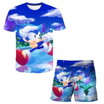 2021 Lete Chlapci A Dievčatá Stanovuje Nové Kreslené Sonic 3D Tlačených Sád Zmiešaný Materiál Detí Priedušné Oblečenie, 4t-taktné-14T
