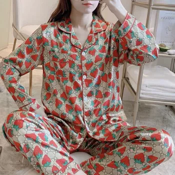 2021 Lete Hodváb Saténové Pyžamo Nastaviť Žena Vytlačené Dlhý Rukáv Sleepwear Pijamas Vyhovovali Žena Spať Dve Kus Plavky Plus Veľkosť