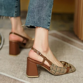 2021 Letné dámske Topánky Štvorcové Prst Robustný Päty Ženy Sandále BuckleStrap 7 cm Vysokým Podpätkom Slingback Sandále pre Ženy, Plus Veľkosť
