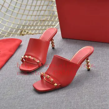 2021 Letné Sandále Ženy Stiletto Nity American High--Podpätky Pohode otvorenou Špičkou Papuče Elegantné Šľapky Väčšie Veľkosti 6.5 cm, Čierny
