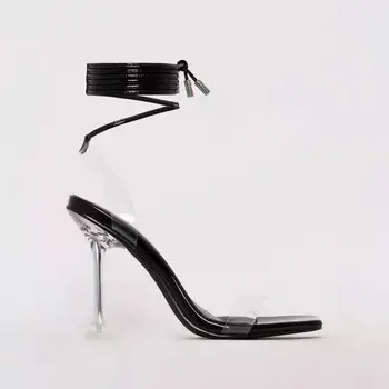 2021 Módne Letné Nové Žien Krajky-up Sandále Štvorcové Prst Stiletto Vysoké Podpätky Ženy