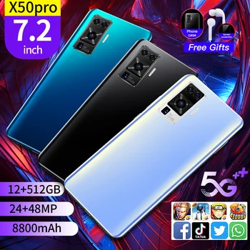2021 Najnovší smartphone X50Pro 7.2 palcový Full Displej s Veľkými Pamäť 12 GB RAM 512 gb diskom ROM,24MP+48MP HD Kamerou