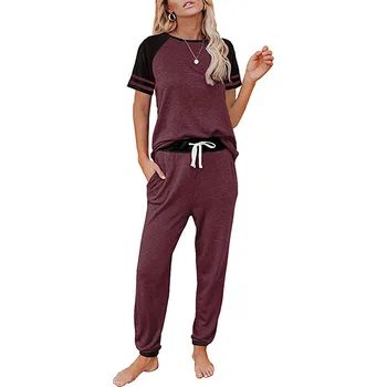 2021 nový domov služba pyžamo ženy všetkých-zápas farbou šitie módne okrúhlym výstrihom, krátky rukáv bežné oblek