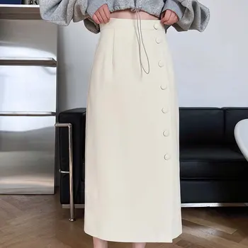 2021 Ženy Jar A-Line Sukne S Vysokým Pásom Jediného Tlačidla Dizajn Ženy Bežné Dlhé Sukne Femme Faldas Jupe Saia