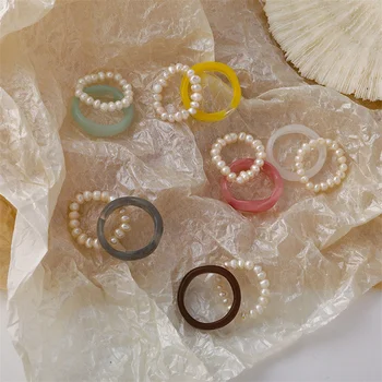 2ks/set Sladkovodné Perly Prstene Pre Ženy, Dievčatá, Živice, Akrylové Prst Prsteň kórejský Štýl Krúžky Ženské Šperky Bague