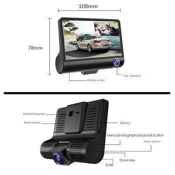 3 Kamery Objektív 4.0 Inch Auta DVR Kamera Záznamník FHD 1080P Nočné Videnie Dash Cam Podporu Spätné Kamery