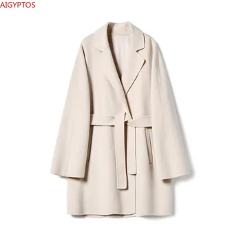 AIGYPTOS 2020 nové jesenné a zimné klasické bežné strednej dĺžky cashmere all-zápas-line vlny kabát, bundu ženy